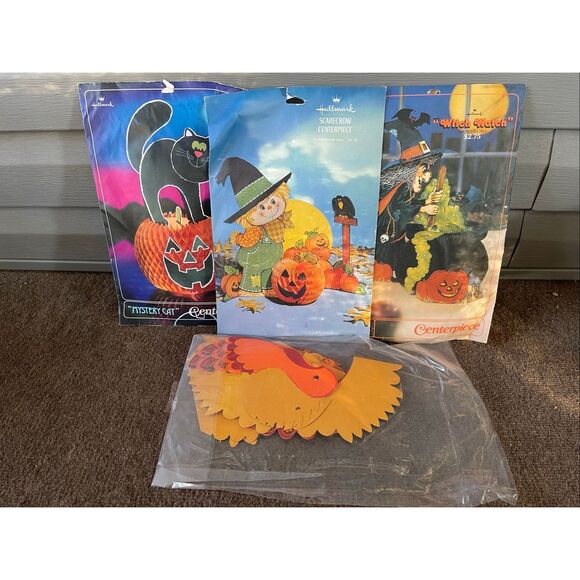 Vintage Hallmark Honeycomb Centerpiece Lot CAT WITCH SCARECROW TURKEY - Picture 1 of 11